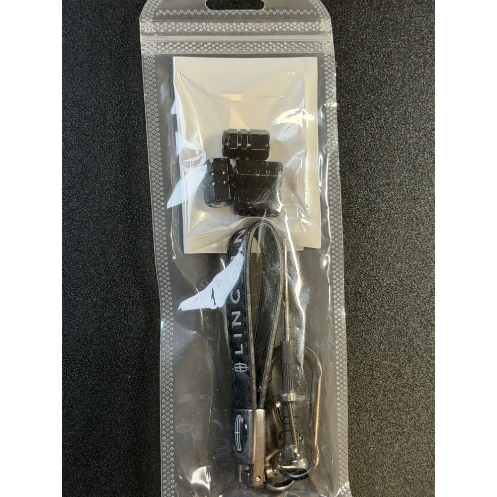 Lincoln Keychain and Valve Stem Caps Set Black Leather Carabiner Logo 5pc JB4